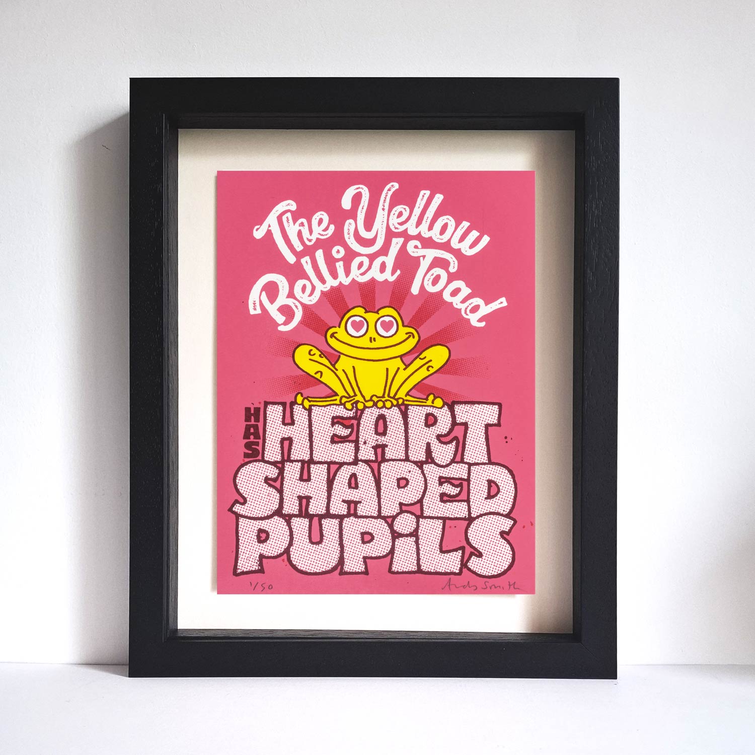The Yellow Bellied Toad has Heart Shaped Pupils original silkscreen art print by illustrator Andy Smith.