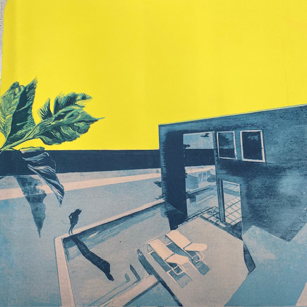 Anna Marrow's 'At the Pool House' screen print featuring a modern house with a pool and palm tree against a yellow sky.