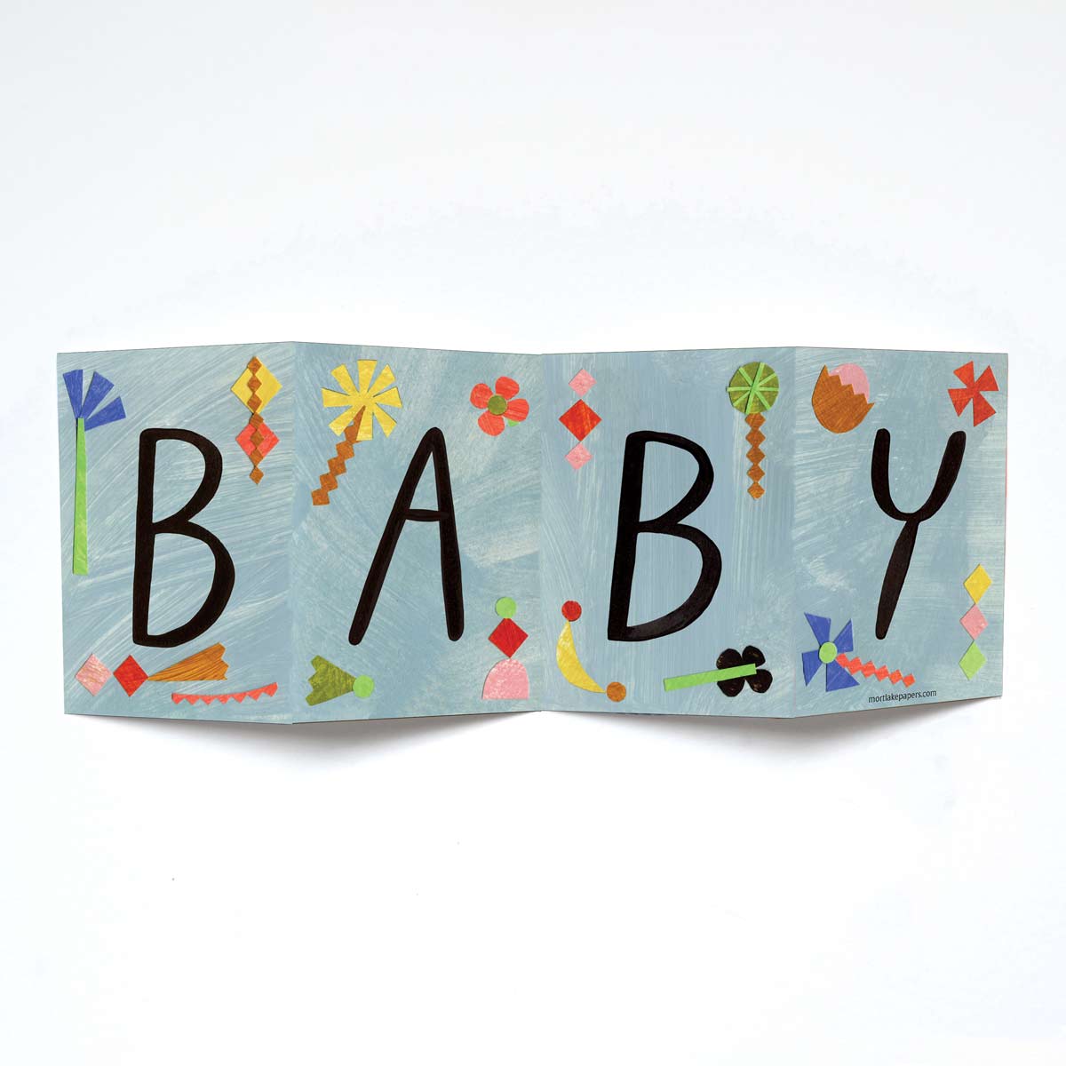 Colorful concertina greeting card with the word 'BABY' and decorative elements on a white background by Mortlake Papers by Alice Lickens.