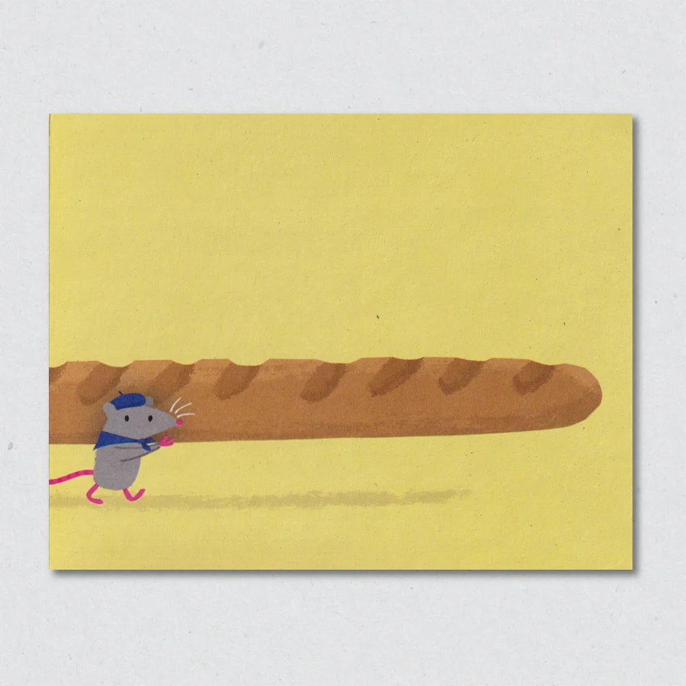 Greeting card with illustration of a mouse with a baguette on a yellow background by Lisa Jones Studio.