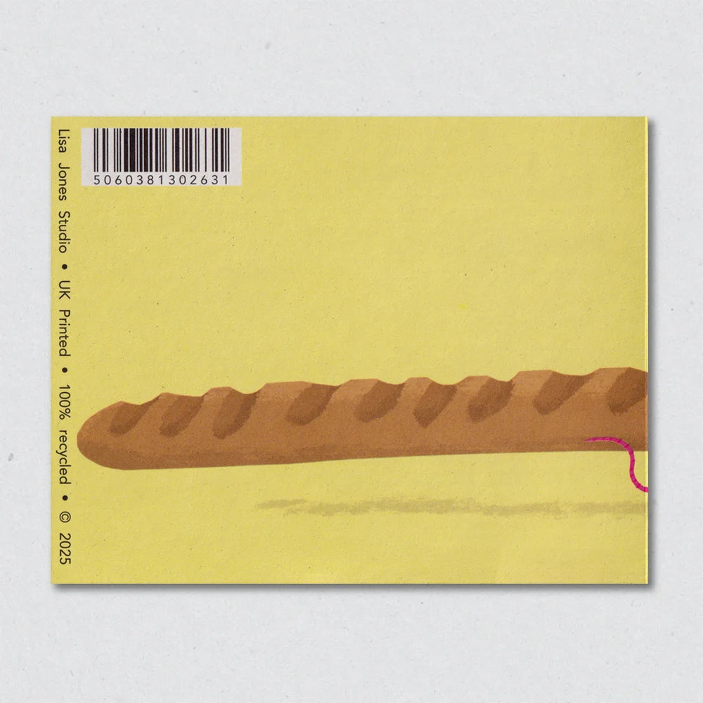 Greeting card with a loaf of bread illustration on a yellow background by Lisa Jones Studio.