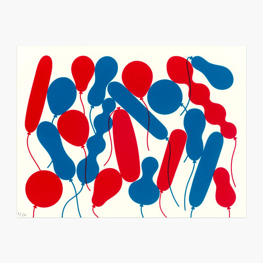Twenty red and blue balloons in different shapes and sizes original screen printed art print by Crispin Finn on white paper in flat colour vector graphics.