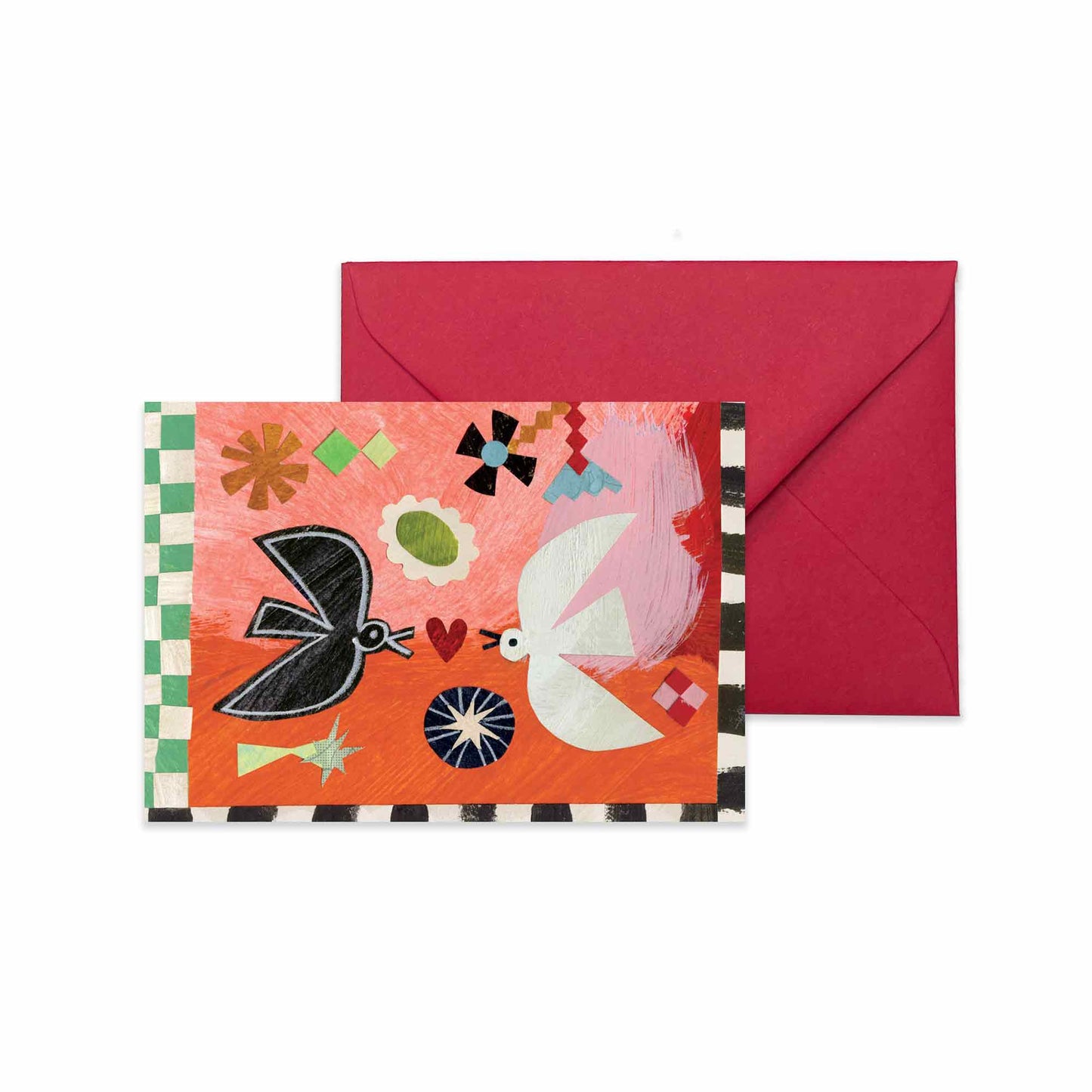 Colorful Birdsong valentines card by Mortlake papers with abstract designs and a red envelope on a white background.