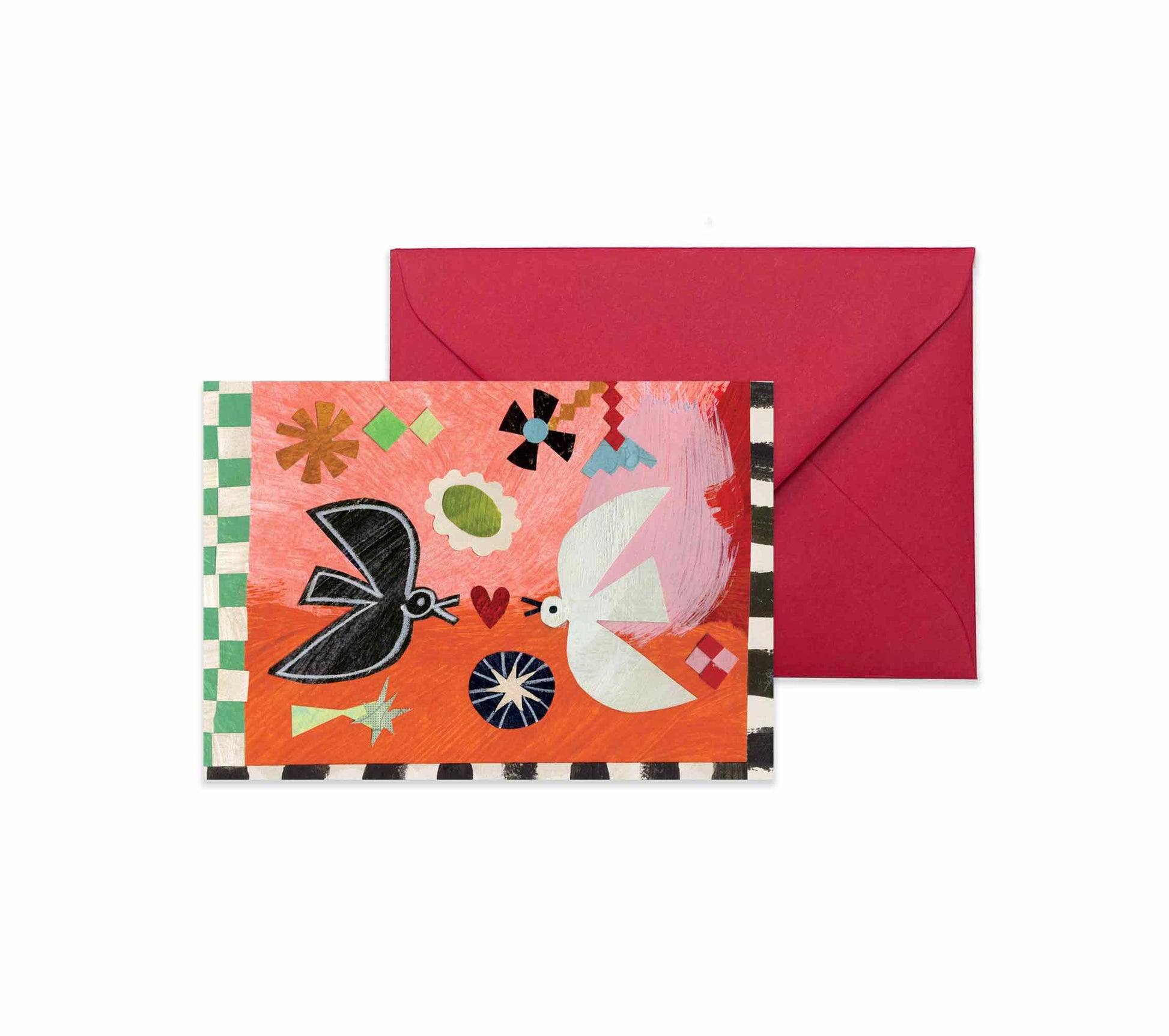 Colorful Birdsong valentines card by Mortlake papers with abstract designs and a red envelope on a white background.
