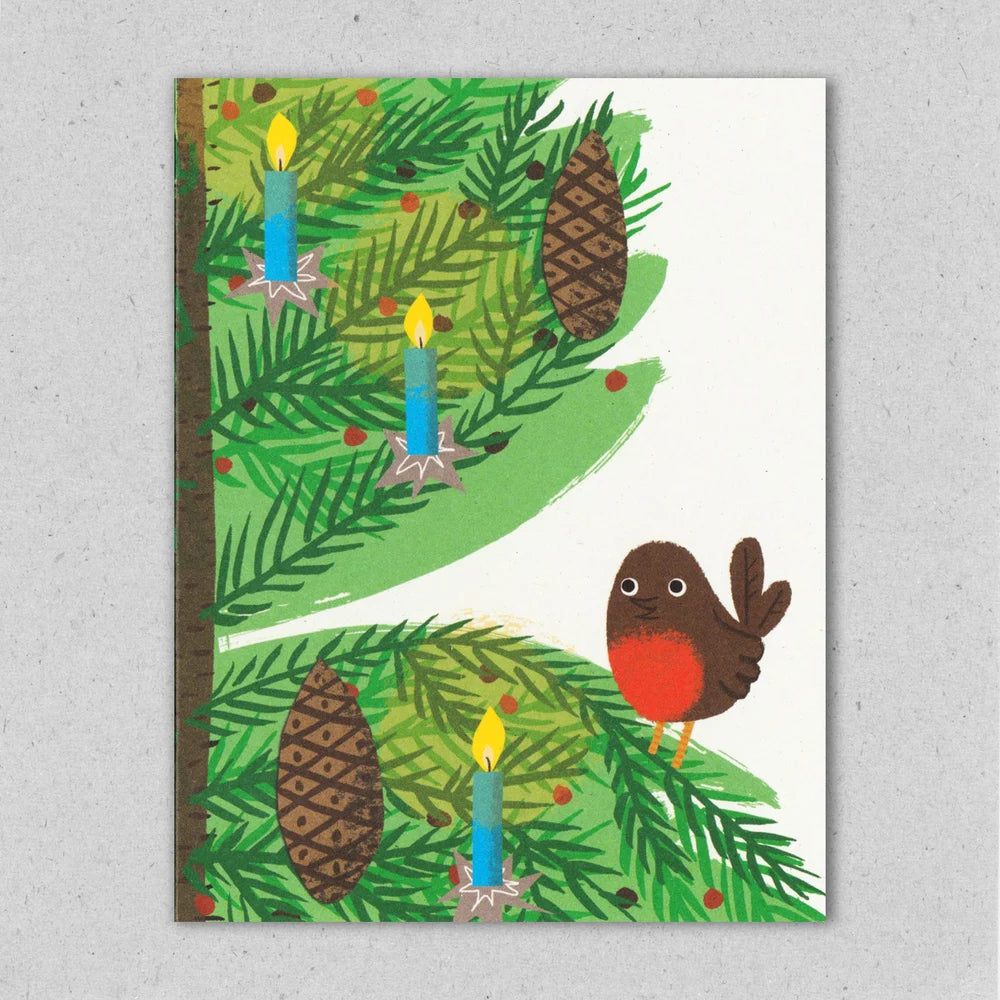 Card with Christmas tree design, candles, and a robin on a gray background by Lisa Jones Studio.