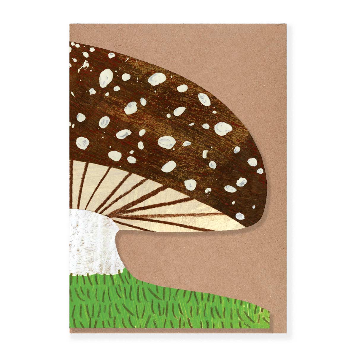 Brown spotty mushroom die cut fungi greeting card by Mortlake Papers.
