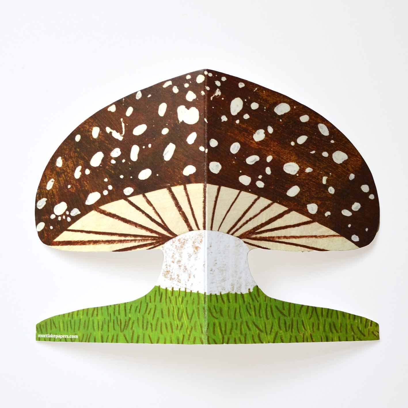 Brown spotty mushroom die cut fungi greeting card by Mortlake Papers.