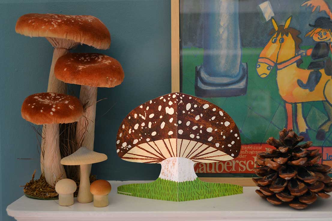 Brown spotty mushroom die cut fungi greeting card by Mortlake Papers.