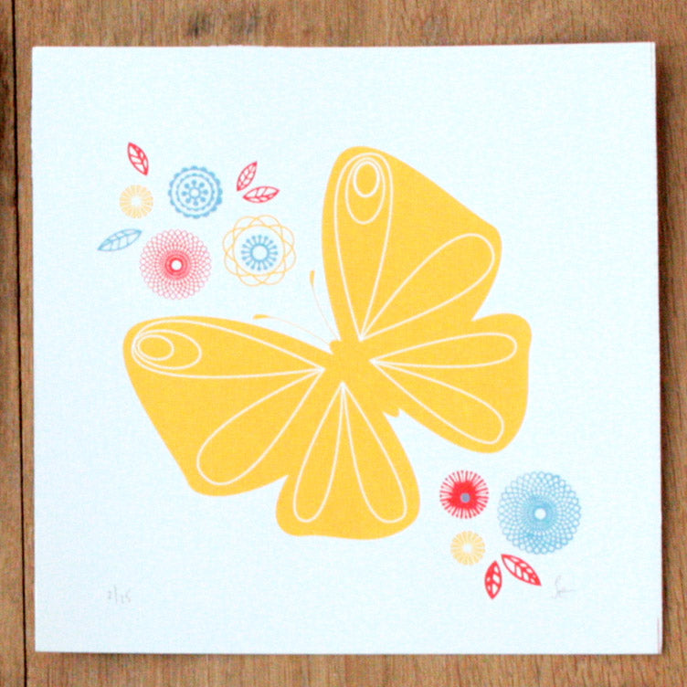 yellow butterfly screen print by sally elford