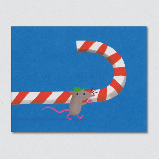 Candy Cane Caper Christmas card by Lisa Jones Studio featuring an illustration of a mouse with a candy cane on a blue background.