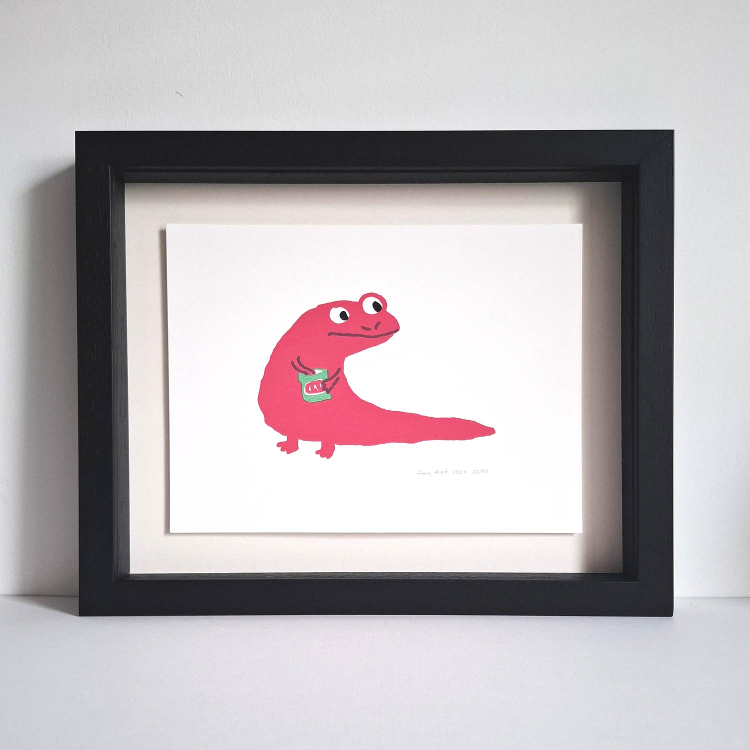 Newt with crisps, salt and vinegar crisps, original art screen print by Daisy Hirst in pink on white, framed in black box frame