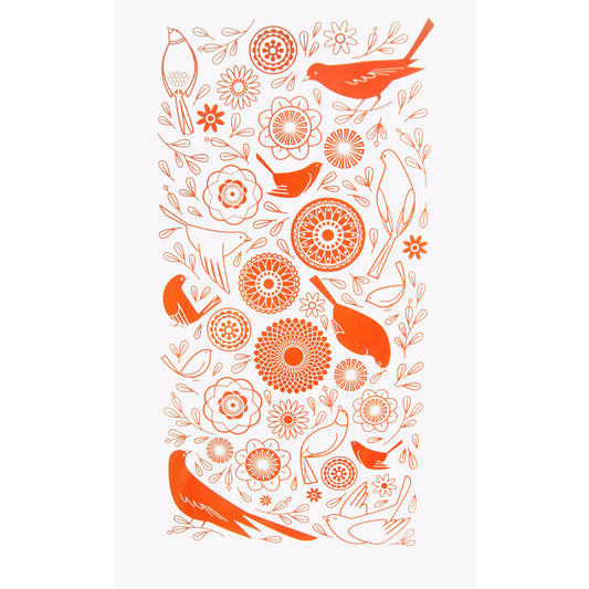 Feathers and Flora Birds and flowers in orange line drawings screen printed original art print by Sally Elford.