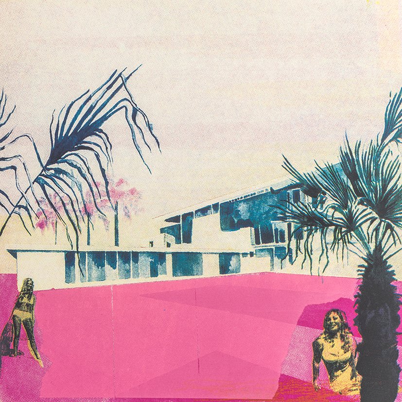 Screen print of a Miami hotel with two female holiday makers and palm trees in pinks and blues.