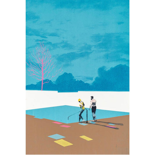 Winter Magic by Anna Marrow screen print of a man and woman getting into a swimming pool in front of a blue sky and pink tree with brown foreground.