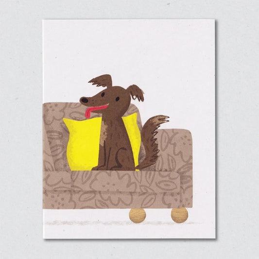 Frenemies greeting card by Lisa Jones Studio featuring a brown dog on a brown floral sofa.