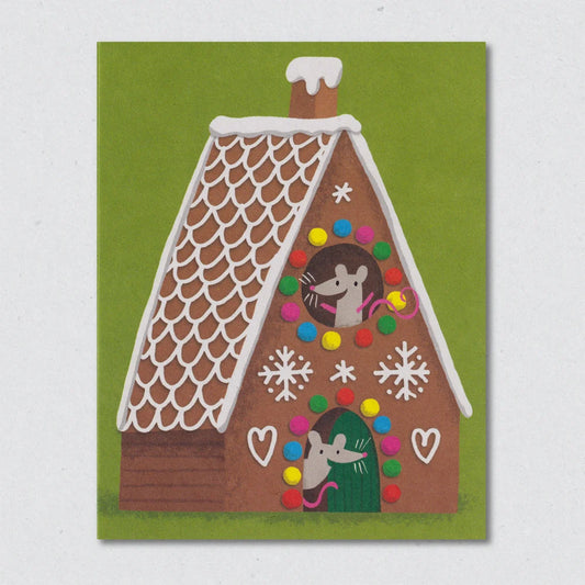 Gingerbread Mouse House Christmas Card illustration by Lisa Jones Studio with two mice on a green card on white background.