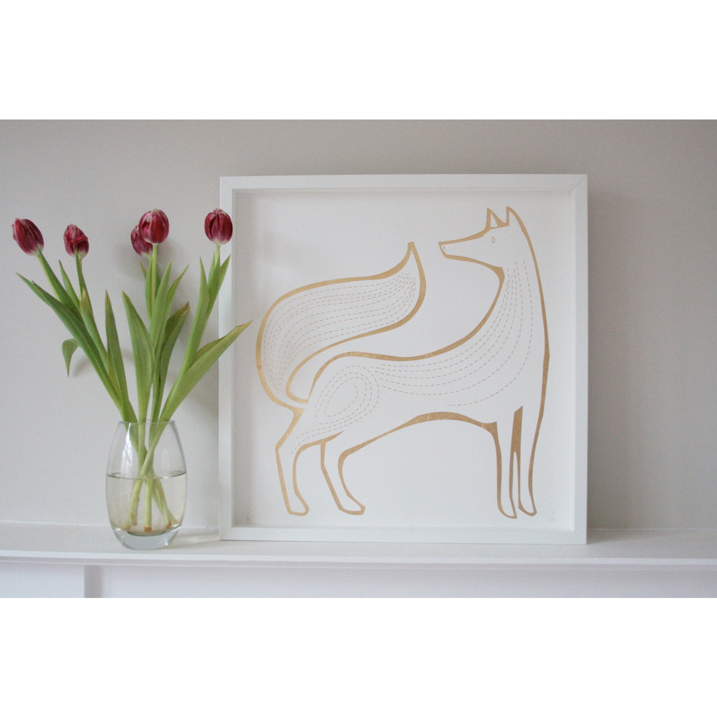 fox line drawing in gold on white original art screen print by sally elford