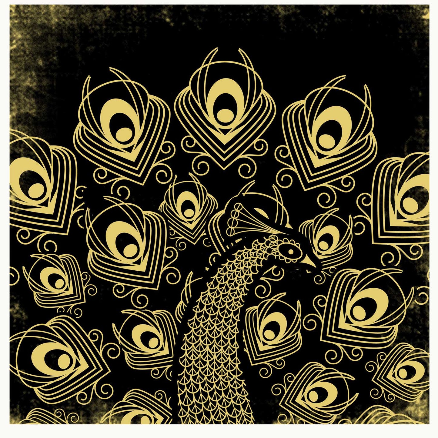 Golden peacock in black and gold in art deco style by Sally Elford.