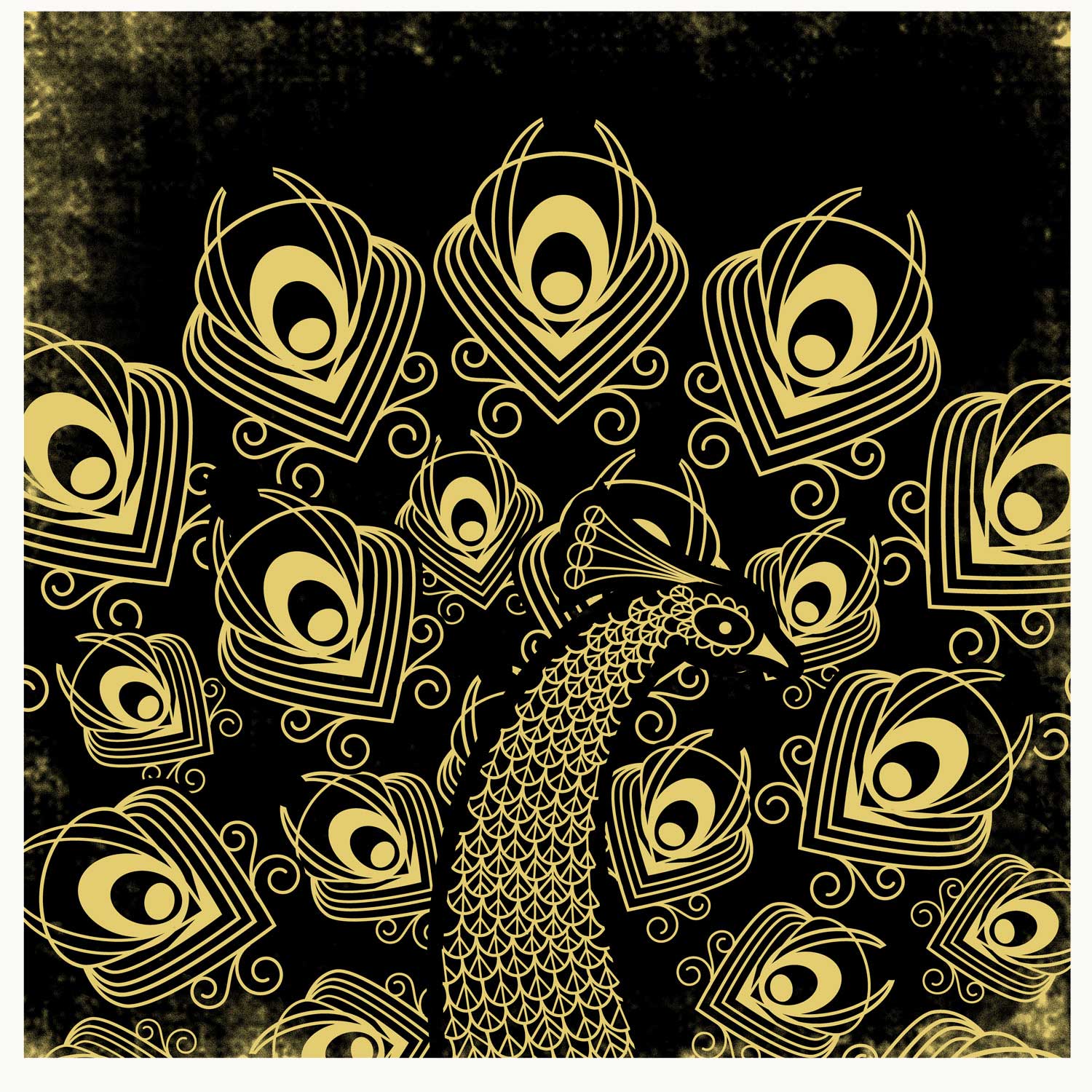 Golden peacock in black and gold in art deco style by Sally Elford.