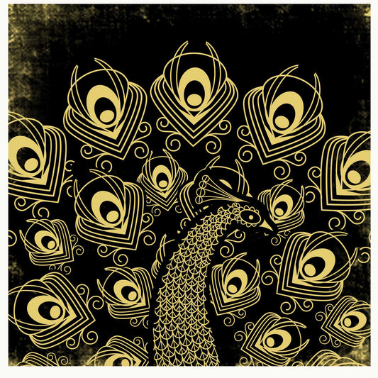 Golden peacock in black and gold in art deco style by Sally Elford.