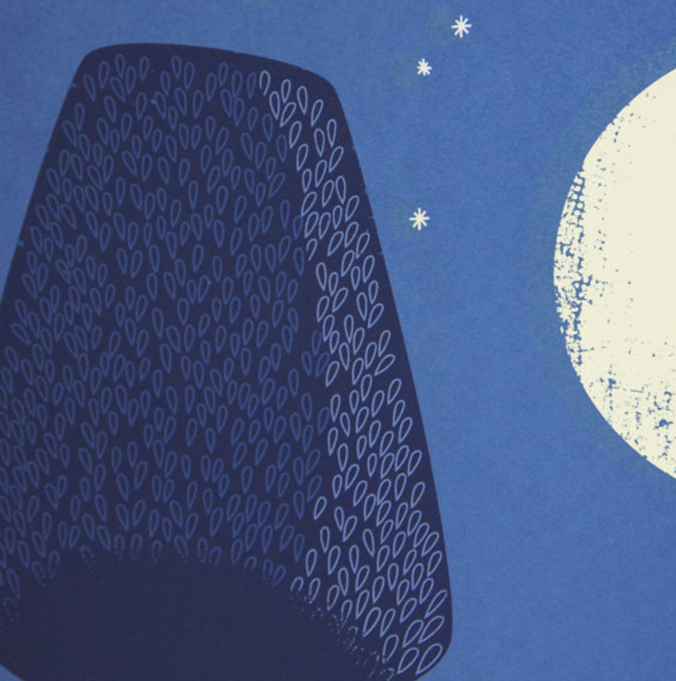 Hare moon by sally elford hares in moonlight and reeds and water screen print blue.