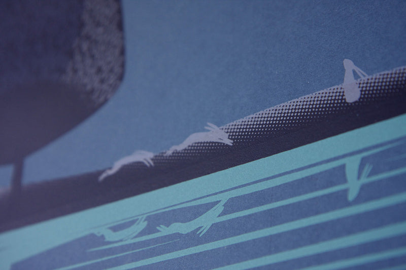 Hare moon by sally elford hares in moonlight and reeds and water screen print blue.