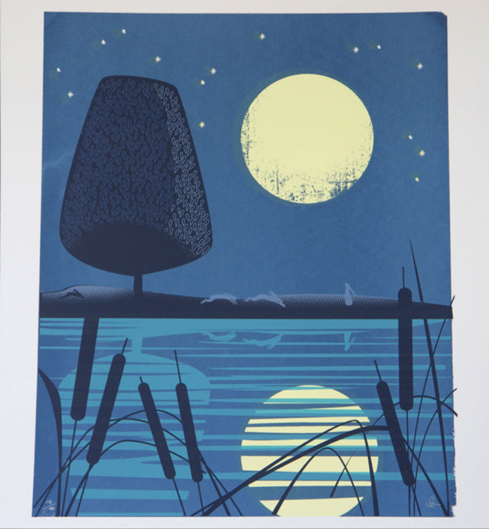 Hare moon by sally elford hares in moonlight and reeds and water screen print blue.