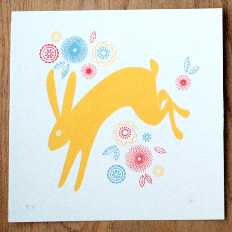 yellow hare screen print by sally elford