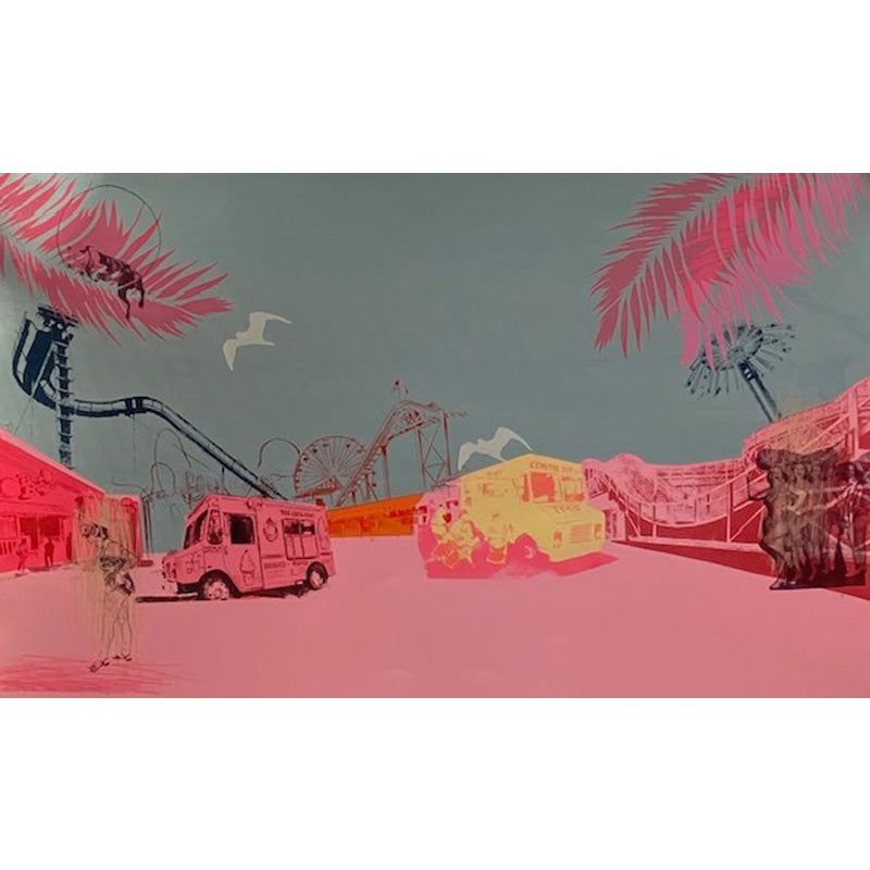 Anna Marrow's original limited edition screen print 'Hold on to your hats and enjoy the ride' of a pink and yellow van in a stylized cityscape with palm trees and a Ferris wheel.