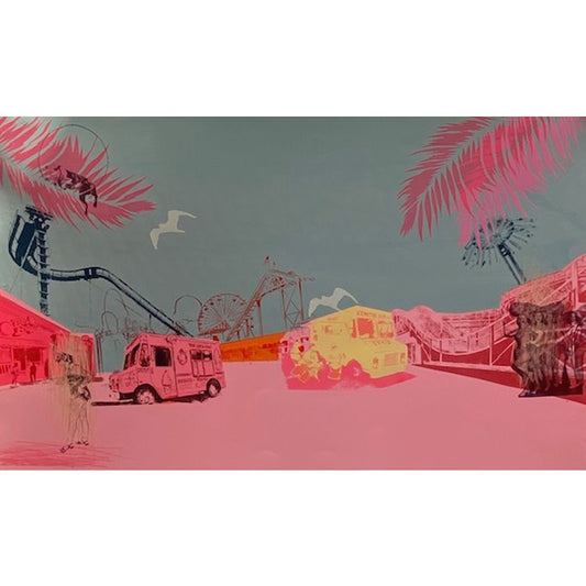 Anna Marrow's original limited edition screen print 'Hold on to your hats and enjoy the ride' of a pink and yellow van in a stylized cityscape with palm trees and a Ferris wheel.