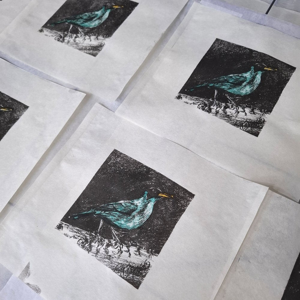 Green Honeycreeper lithographic original art bird print by Fiona Hamilton.