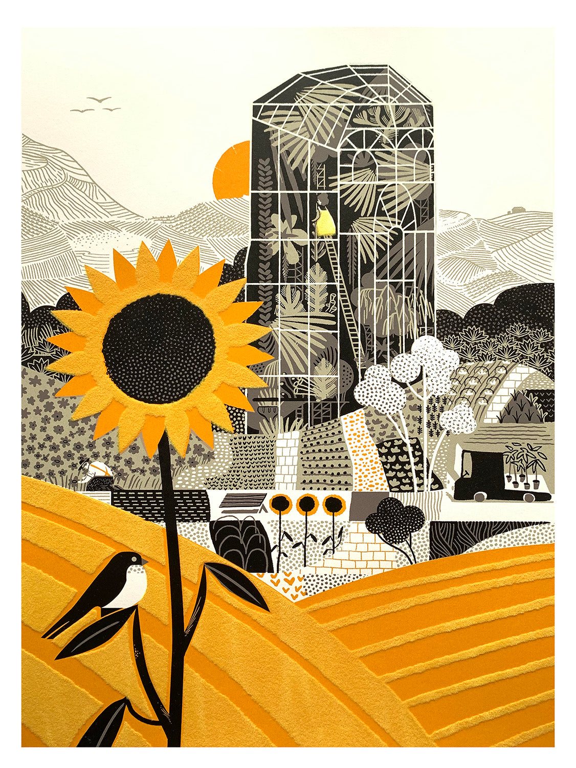 Hothouse Alice screen print and flocking by Graham Carter featuring a greenhouse, sunflower, fields, hills and a bird.