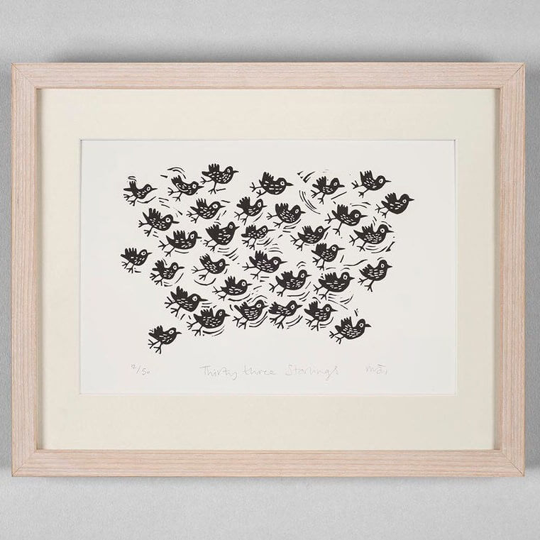 Thirty Three Starlings Linocut Art Print