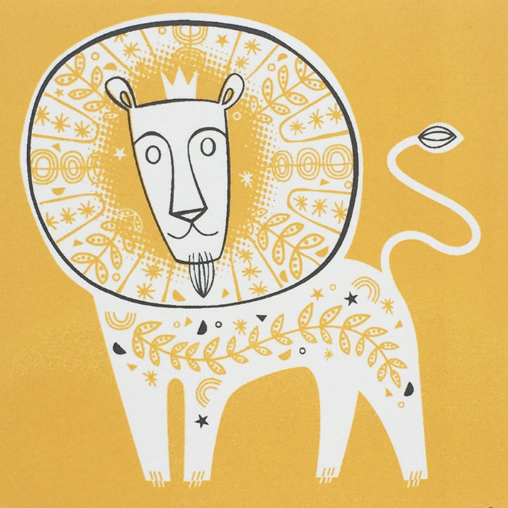 Majestic Leo lion screen print by Sally Elford in yellow and black close up