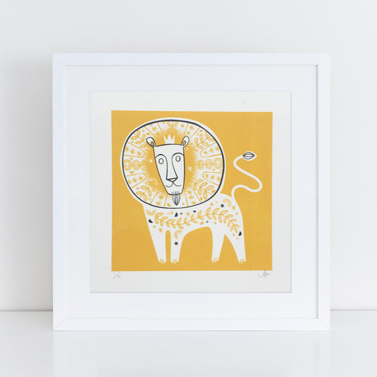 lion screen print by Sally Elford in yellow and black in frame