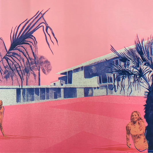 Anna Marrow's 'Massive Miami Mischief' screen printed collage of a modern building with palm trees and people on a pink background.