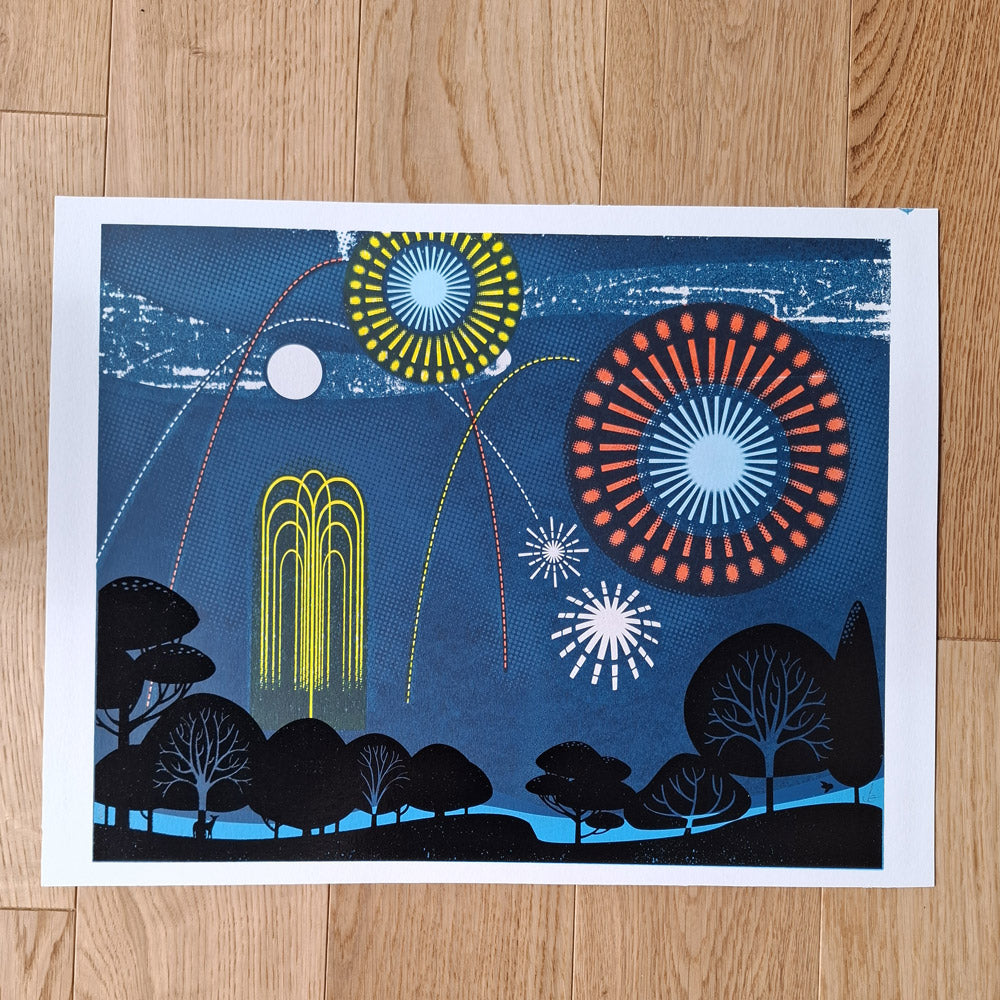 Screen print of white, yellow and orange fireworks on a dark blue mid summer evening sky in a park showing black tree silhouettes.