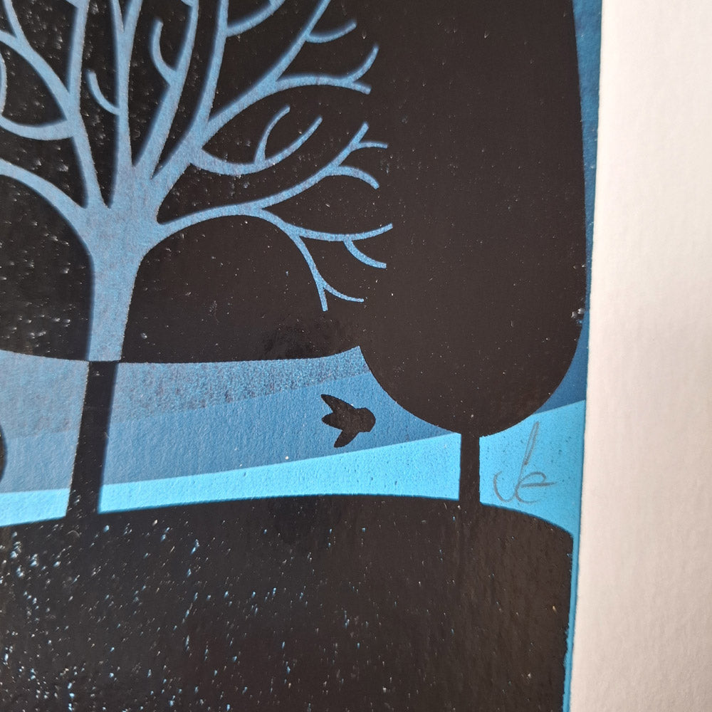 Screen print of white, yellow and orange fireworks on a dark blue mid summer evening sky in a park showing black tree silhouettes.