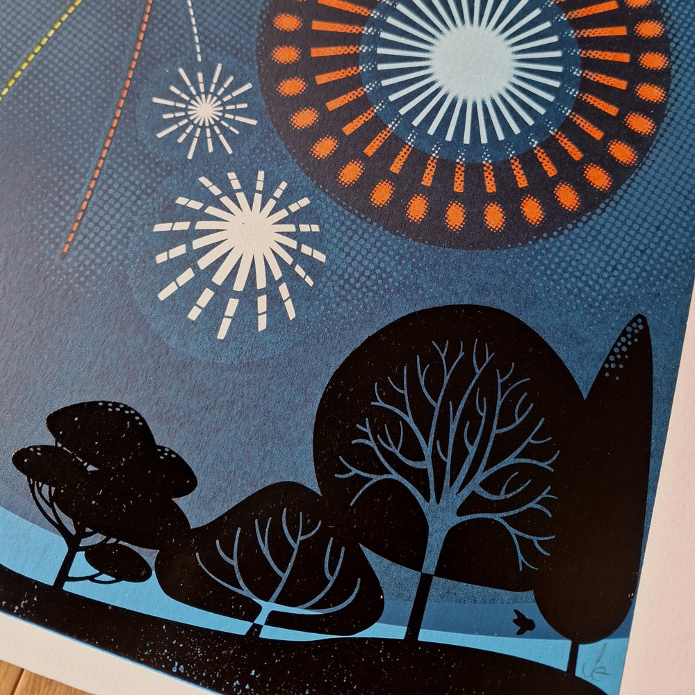 Screen print of white, yellow and orange fireworks on a dark blue mid summer evening sky in a park showing black tree silhouettes.