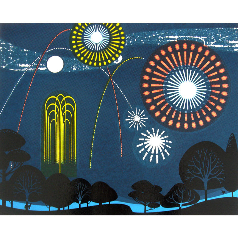Screen print of white, yellow and orange fireworks on a dark blue mid summer evening sky in a park showing black tree silhouettes.