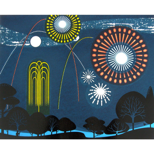 Screen print of white, yellow and orange fireworks on a dark blue mid summer evening sky in a park showing black tree silhouettes.
