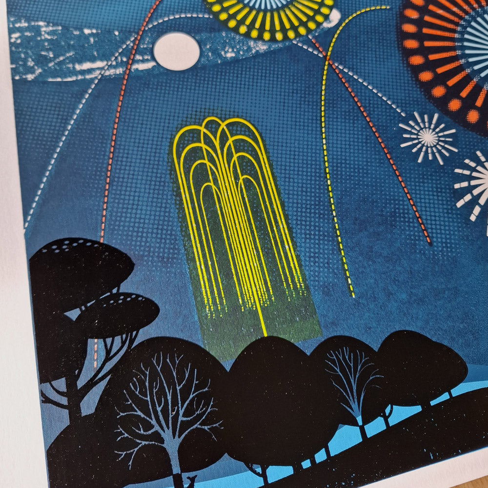 Screen print of white, yellow and orange fireworks on a dark blue mid summer evening sky in a park showing black tree silhouettes.