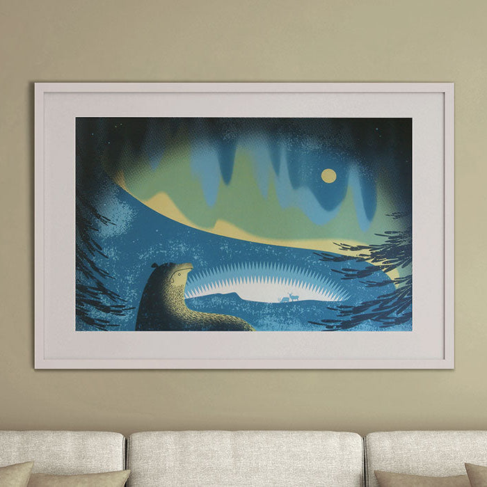 northern lights polar bear screen print by sally elford in frame