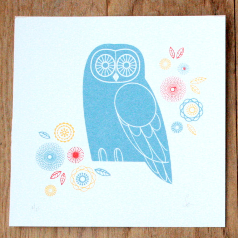 blue owl screen print by sally elford