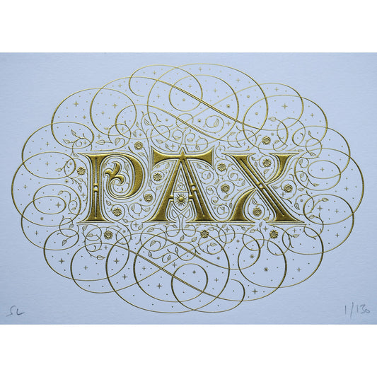 Pax print by Seb Lester. Die stamp with raised impression. Illustrates the word PAX with flourishes and swirls in gold on white.
