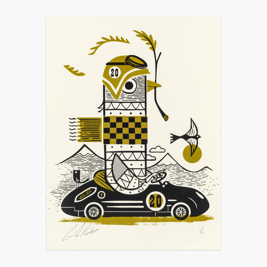 Pigeon Racer original limited edition silkscreen print by Graham Carter featuring a bird in a racing car.