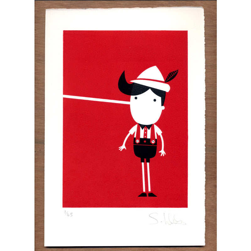Pinocchio letterpress print by Spencer Wilson in red and black with long nose, wearing German lederhosen and hat with feather.