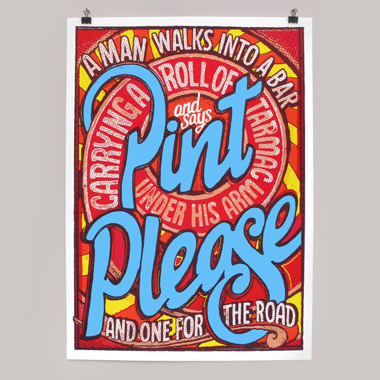 'A Man Walks Into A Bar' Colorful screen printed poster with humorous text on a gray background by Andy Smith.