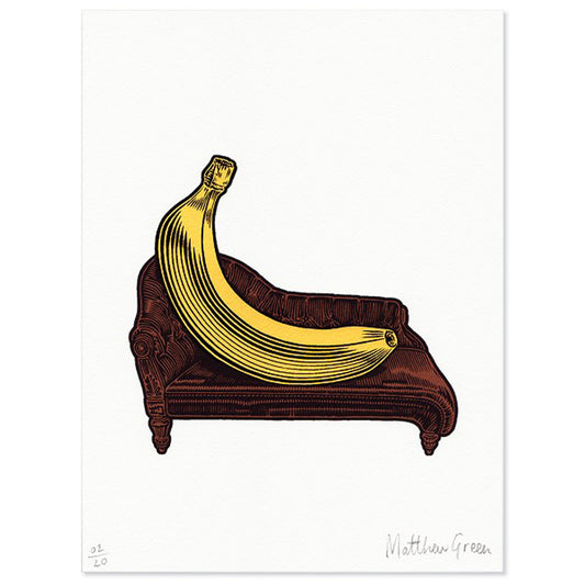 Screen print of a brown couch with a yellow banana on top, on a white background by contemporary printmaker and illustrator, Matthew Green.