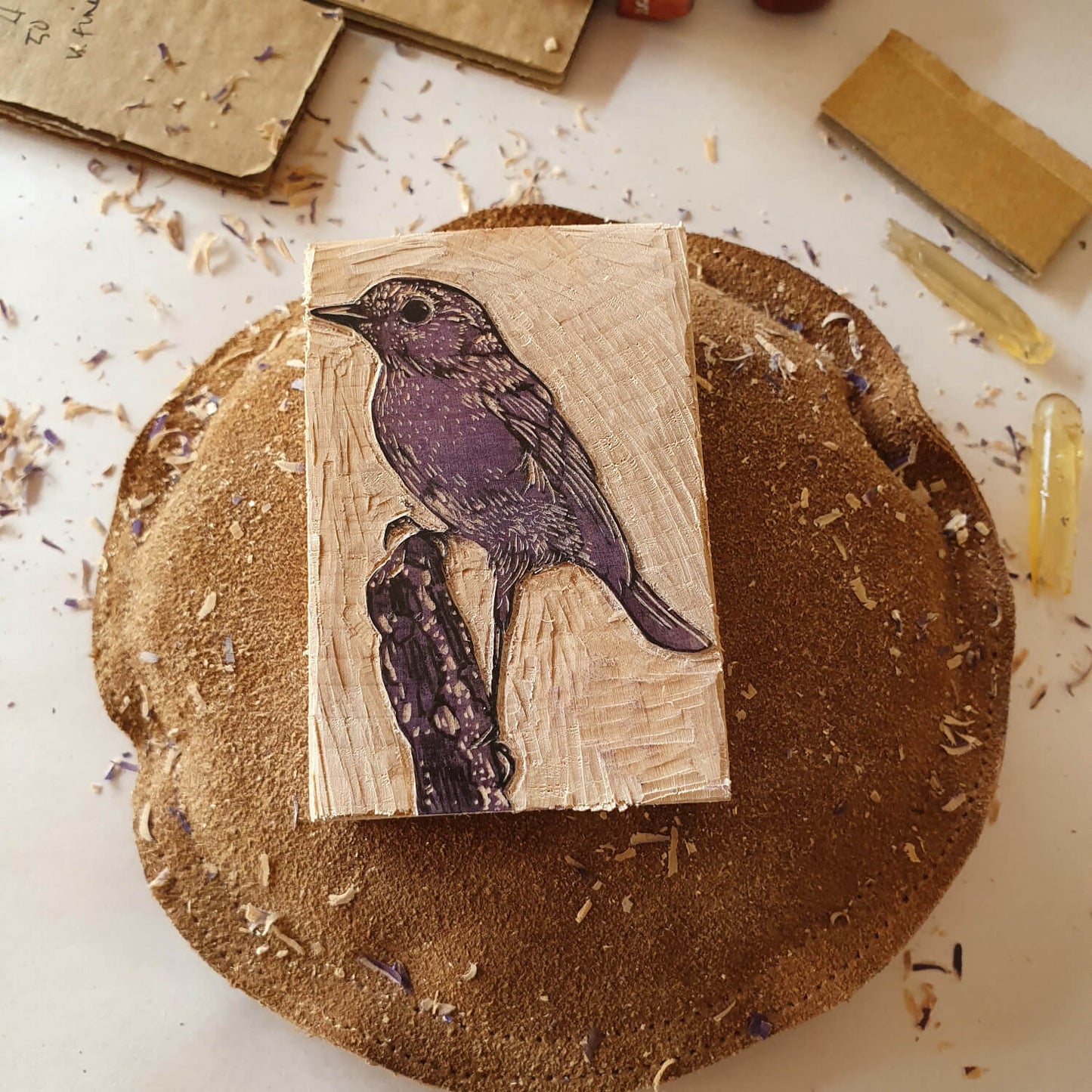 Robin on stump miniature wood engraving print by Fiona Hamilton.